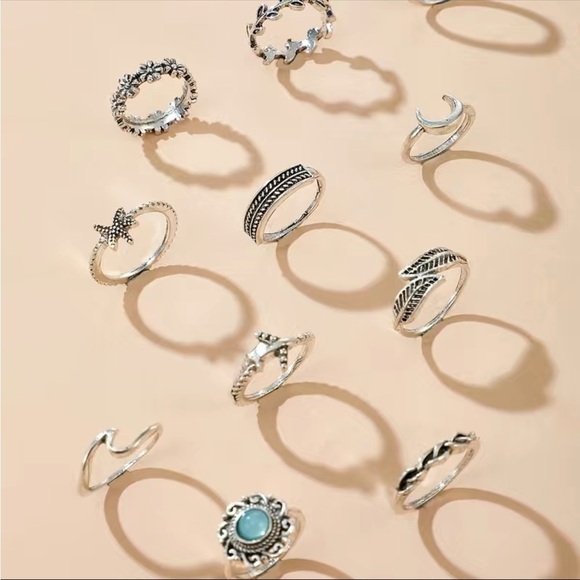 Boho Leaf Moon Gemstone Ring Set 11pc - Picture 3 of 5